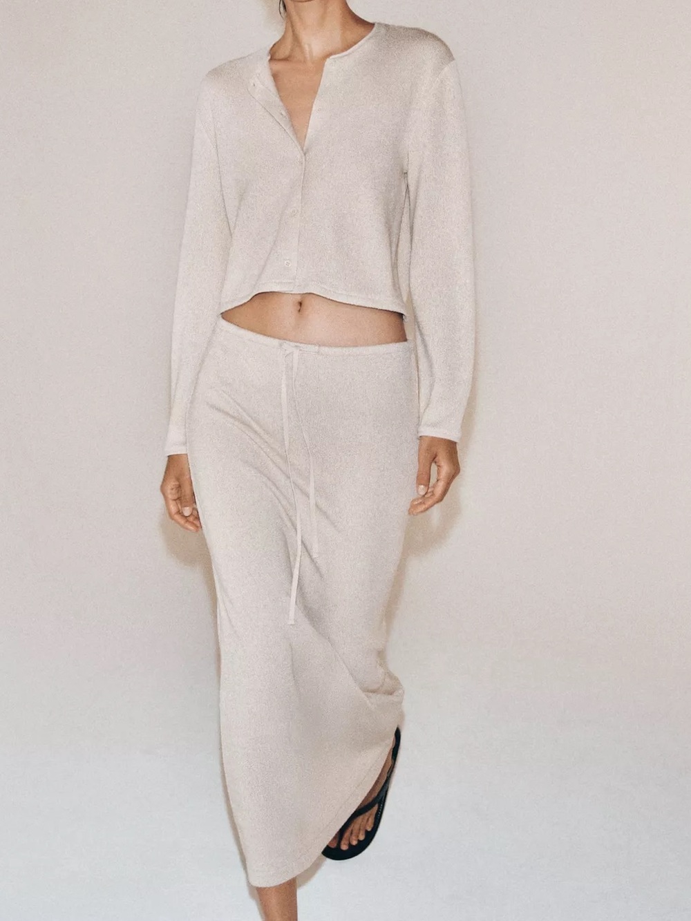 Zara Cream Knit Drawstring Maxi Skirt & Cardigan